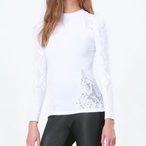 BEBE Lace Detail Mock Neck Top White